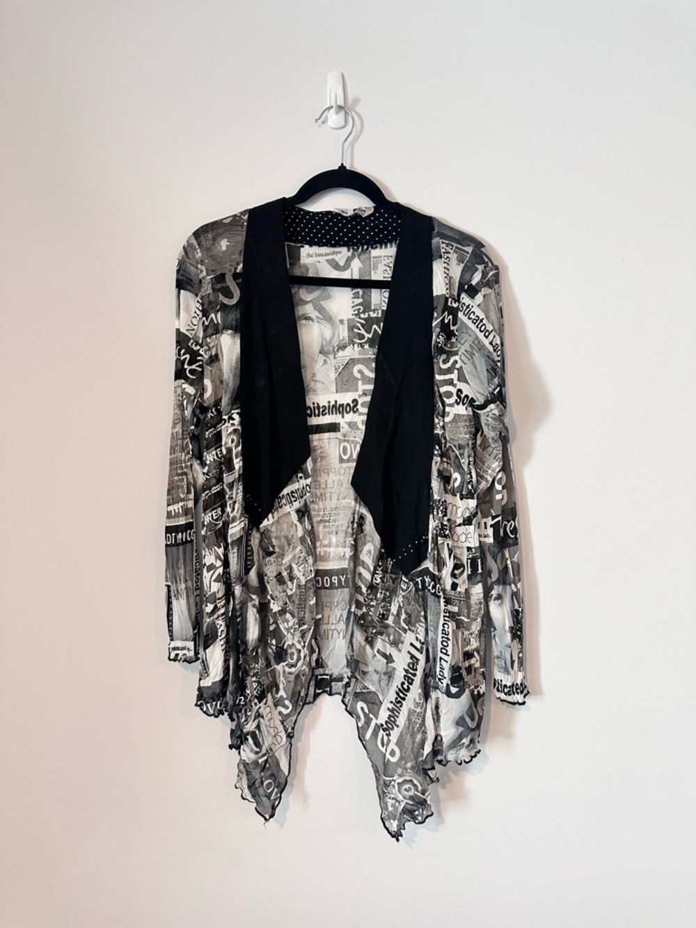 Black Gray Printed Open Front Cardigan Women’s Small Draped Lightweight Y2K - Picture 3 of 11